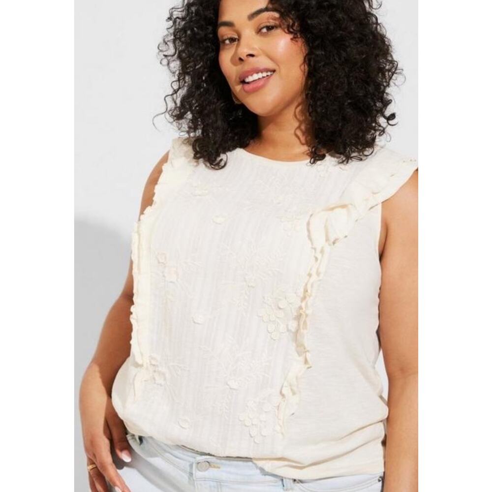 Torrid Cotton Slub‎ Woven Embroidery Front Crew Neck Ruffle Sleeve Top Size 2X